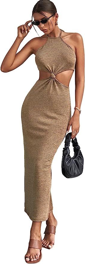 SOLY HUX Women Summer Cut Out Crochet Dresses Knot Front Tie Stap Sleeveless Halter Backless Maxi... | Amazon (US)