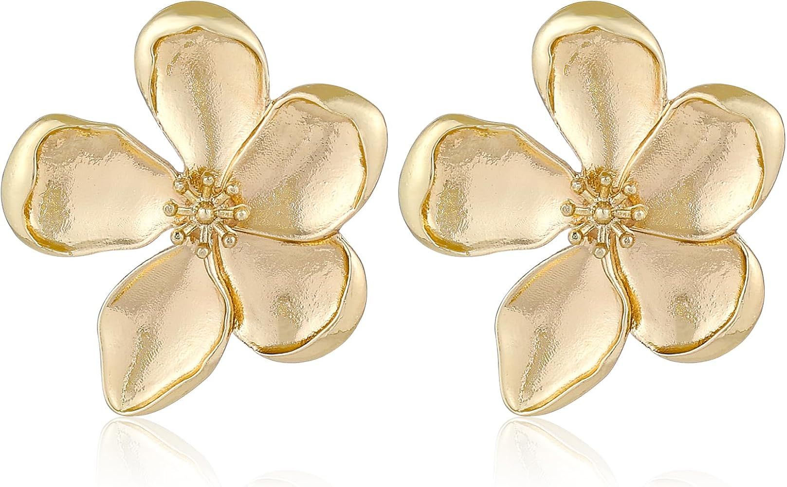 Gold Flower Earrings Large Flower Stud Earrings Flower Statement Earrings Boho Golden Earrings St... | Amazon (US)