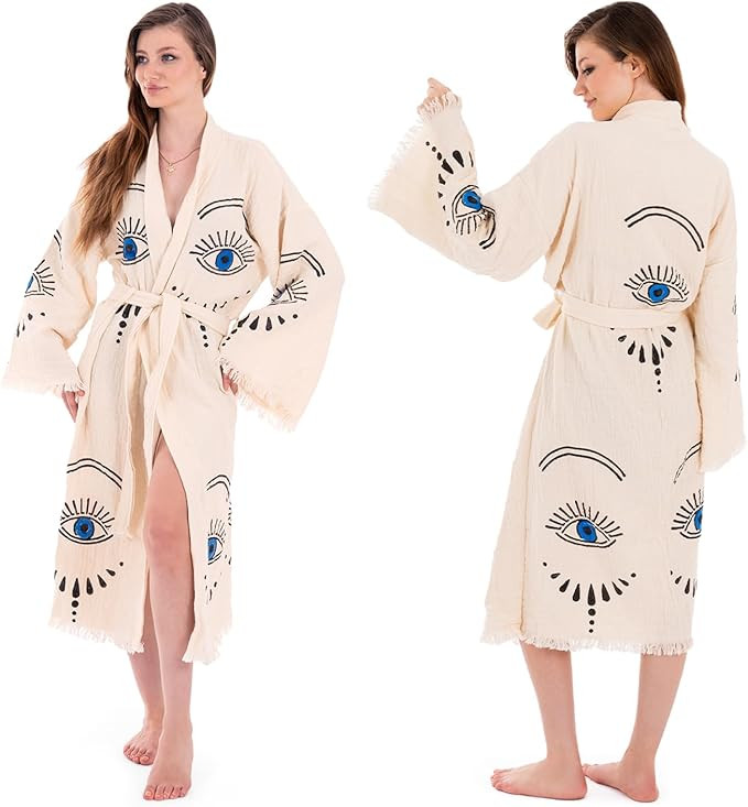 Evil Eye Kimono, Women Cotton Robe, Boho Cardigan, Beach Cover up, Lightweight, Towel Muslin Brea... | Amazon (US)