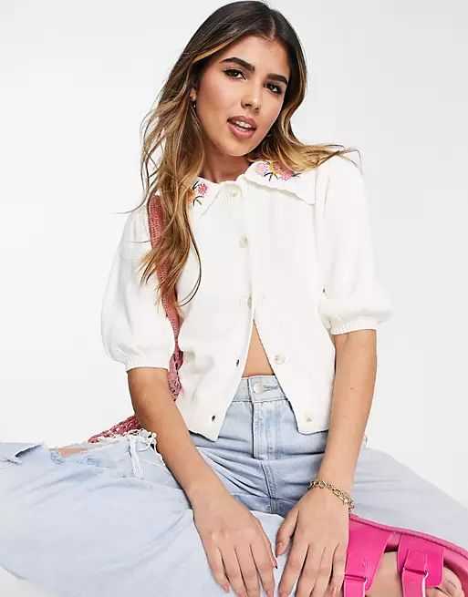 Urban Bliss crop cardigan with embroidered collar in white | ASOS (Global)