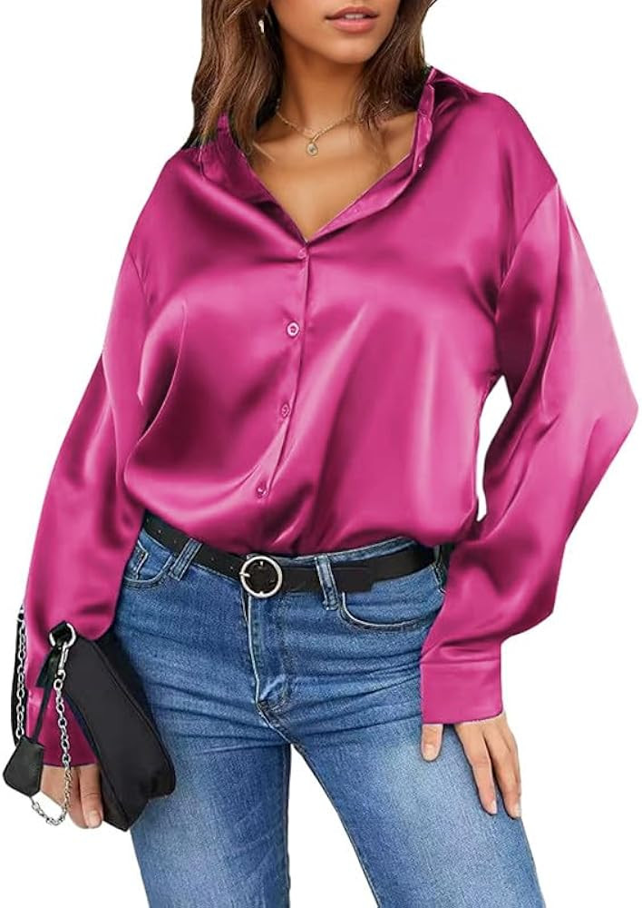 Damipow Satin Silk Button Down Shirts for Women Dress Shirts Long Sleeve Blouses Womens Shirts | Amazon (US)