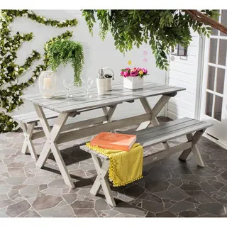 Safavieh Outdoor Living Marina Grey/ White Bench and Table Set (3-piece) | Bed Bath & Beyond