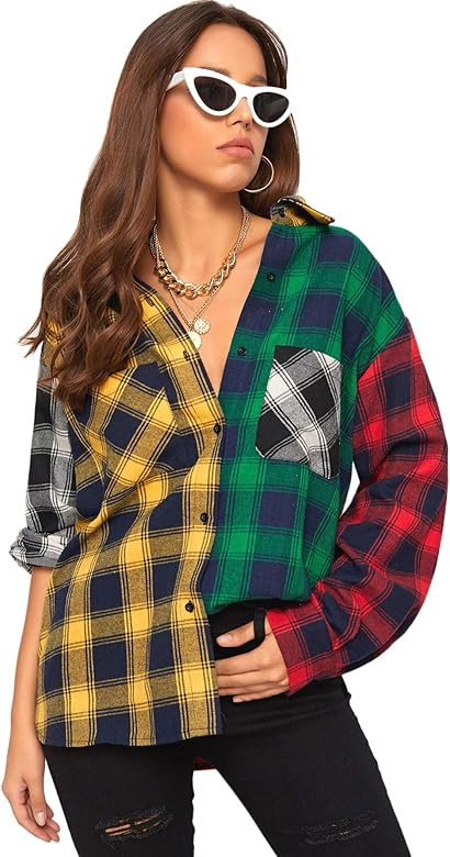 SweatyRocks Women's Long Sleeve Collar Long Button Down Plaid Shirt Blouse Tops | Amazon (US)