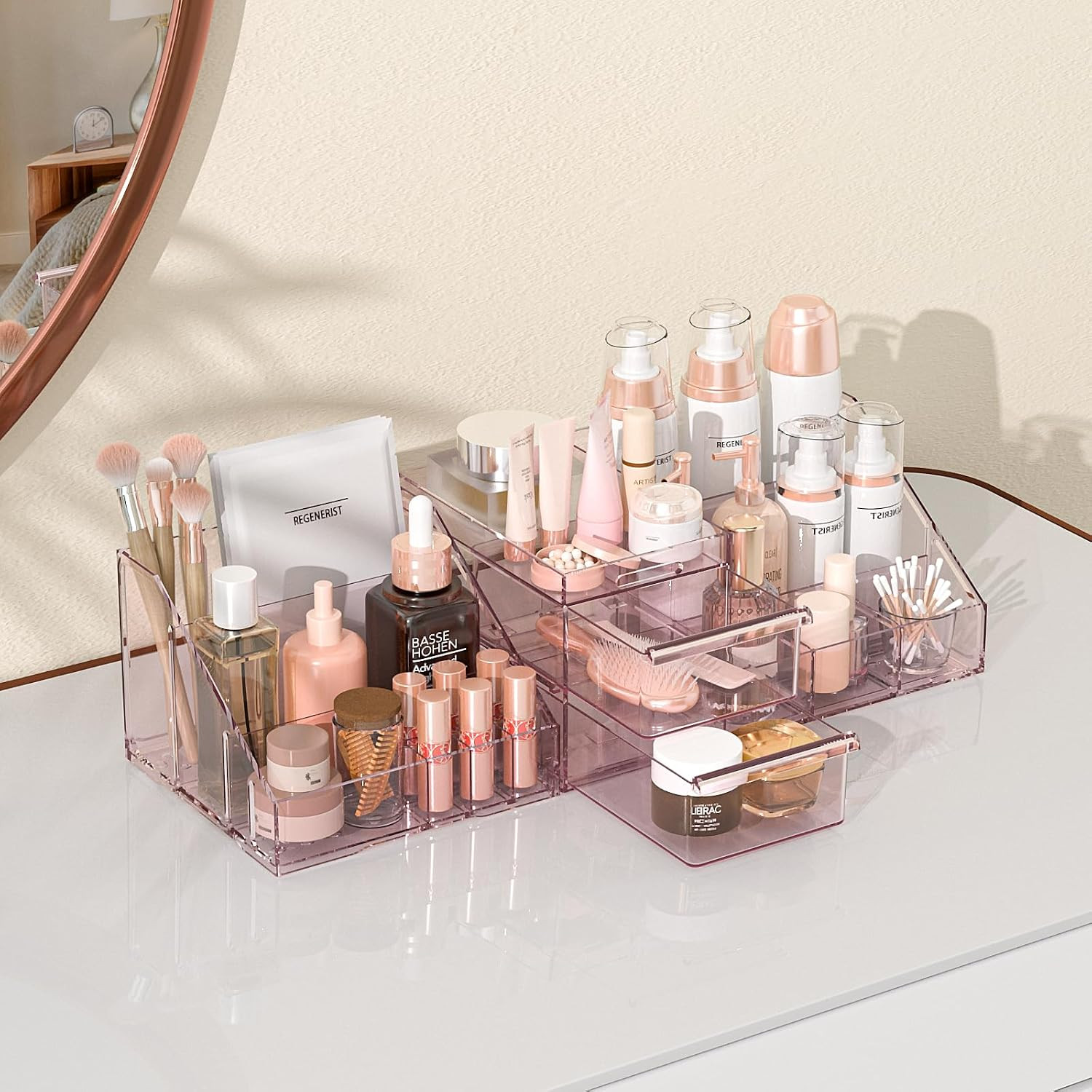 Makeup Organizer,2 In 1 Skincare Organizer And Makeup Tray Set,High-Capacity Large Cosmetic And Beauty Supplies Organizer Storage For Vanity Bathroom,Countertop,Bedroom-Pink-2 Drawers | Amazon (US)