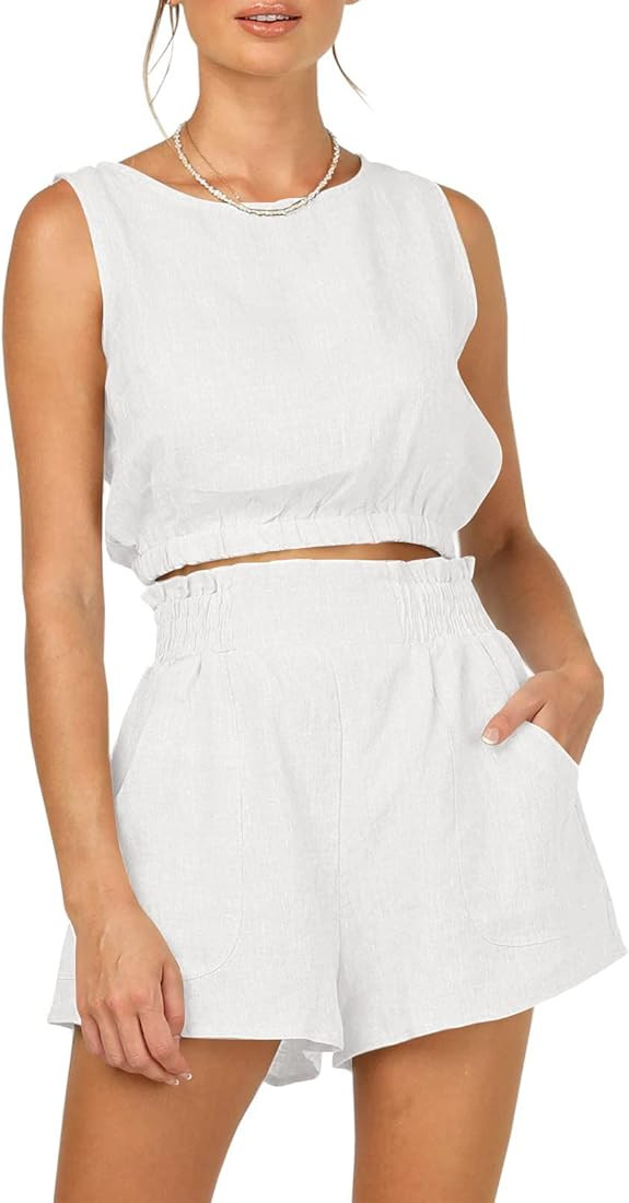 AUTOMET Women’s Summer 2 Piece Outfits Shorts Sets Sleeveless Round Neck Crop Top Tank and High... | Amazon (US)