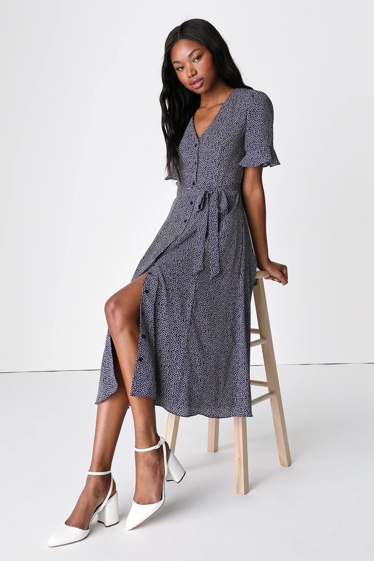 Navy Blue Print Button-Up Midi Dress with Pockets | Navy Dress Dresses | Spring Dress Outfits | Lulus (US)