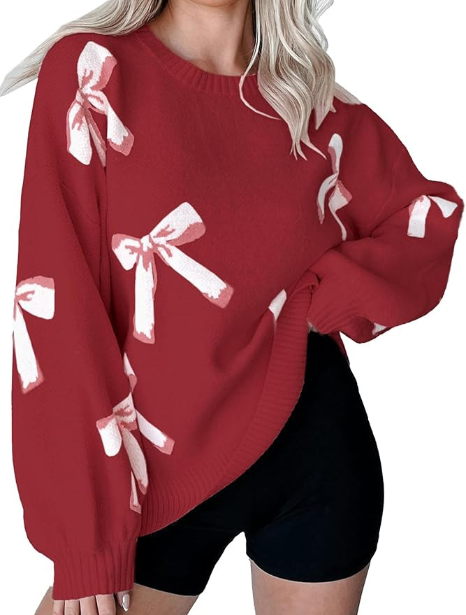 Womens Oversized Cute Bow Tie Sweater Fall 2024 Cozy Chunky Ribbed Knit Crewneck Long Sleeve Pull... | Amazon (US)
