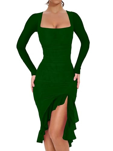 BORIFLORS Women's Sexy Ruched Bodycon Midi Dresses Elegant Mesh Long Sleeve Square Neck Ruffle He... | Amazon (US)