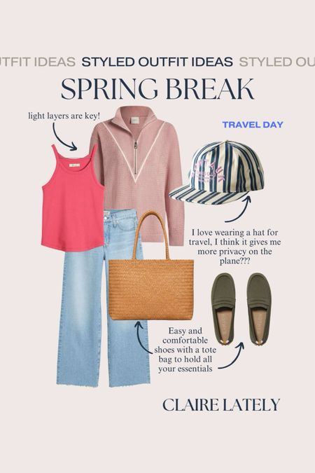Spring Break Vacation Outfit Idea - Travel Day. Favorite denim, tote bag, slip on shoes, layering tank, light sweater, hat. 
❤️ CLAIRE LATELY 

#LTKtravel #LTKfamily #LTKSpringSale