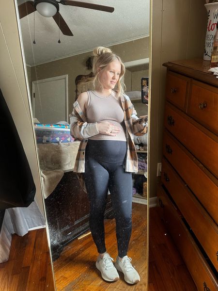 Maternity leggings wearing the glamix brand today size small! Ribbed tank top size s, flannel shirt size m new balance shoes size 8 

#LTKGiftGuide #LTKbump #LTKU