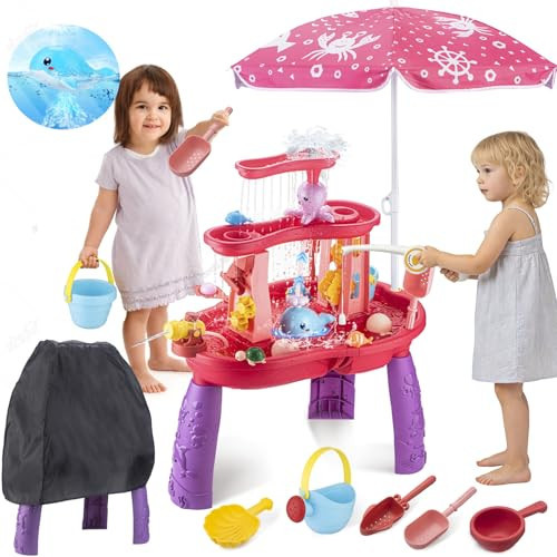 ZACEAC Water Table for Toddlers 3-5 with Umbrella Outdoor Toys for Kids Ages 4-8 Kids Sand Water Table with Fishing Game Set Activity Sensory Table with Water Pump Summer Beach Toys | Amazon (US)