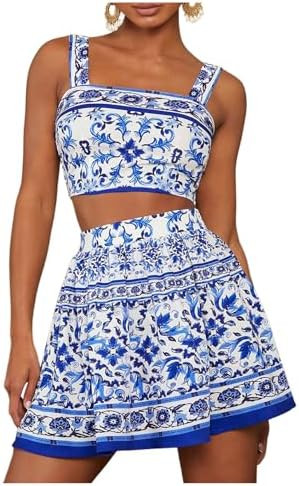 MakeMeChic Women's Two Piece Outfit Floral Sleeveless Shirred Tank Crop Top and Skirt Set | Amazon (US)
