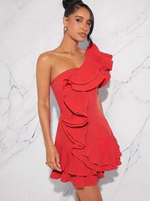 L'Amorae Fall Women Clothes, Red Elegant Exaggerated Ruffle One Shoulder Sleeveless Mini Dress, F... | SHEIN