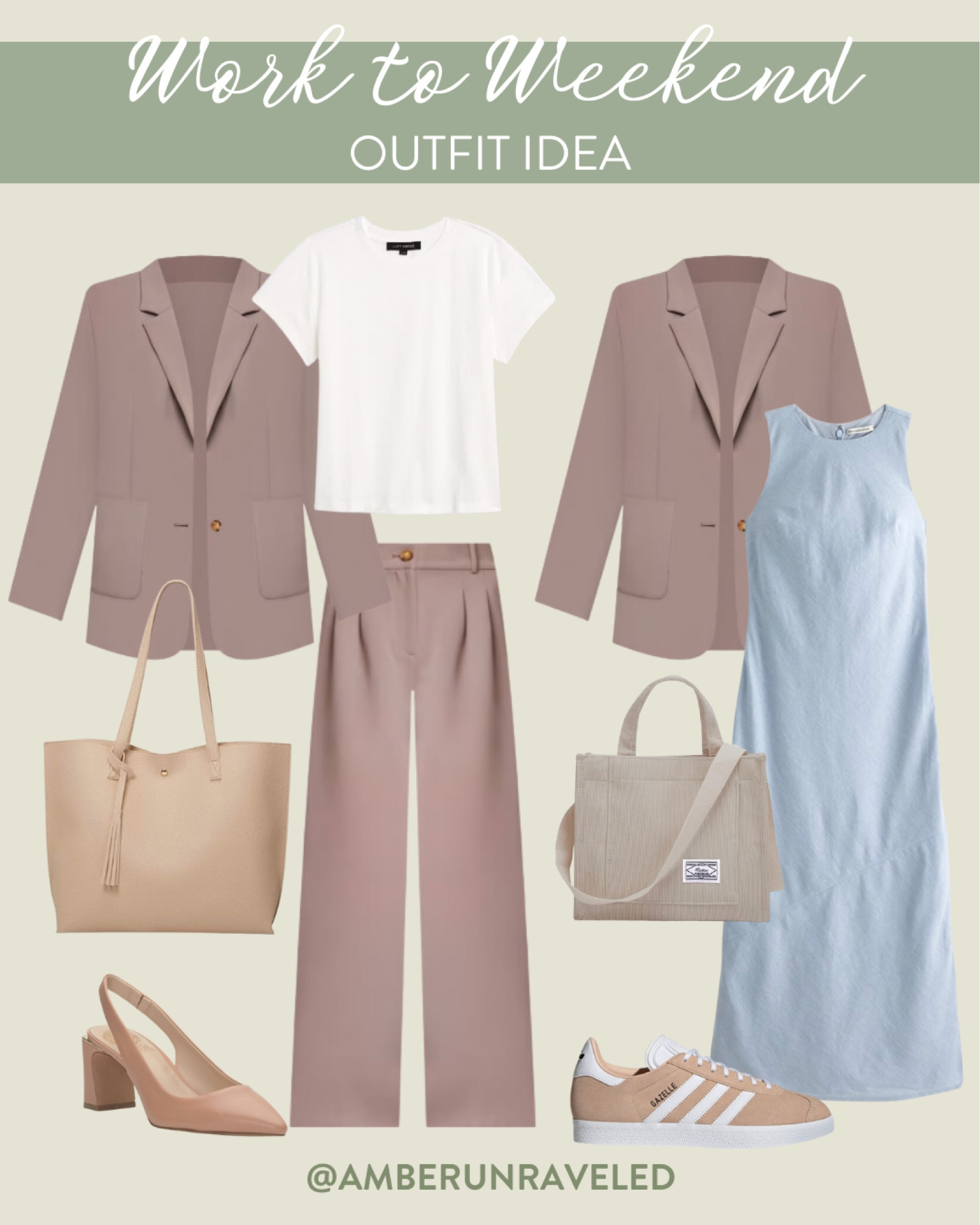 If you are naturally drawn to a neutral color palette for work and weekend outfits, then this one is for you! Just pair the trouser and blazer with a white shirt underneath for the office and switch it up with a pastel blue dress which is something unique for the weekend!
#seasonalfashion #businesscasual #casualoutfit #capsulewardrobe

#LTKSeasonal #LTKItBag #LTKStyleTip