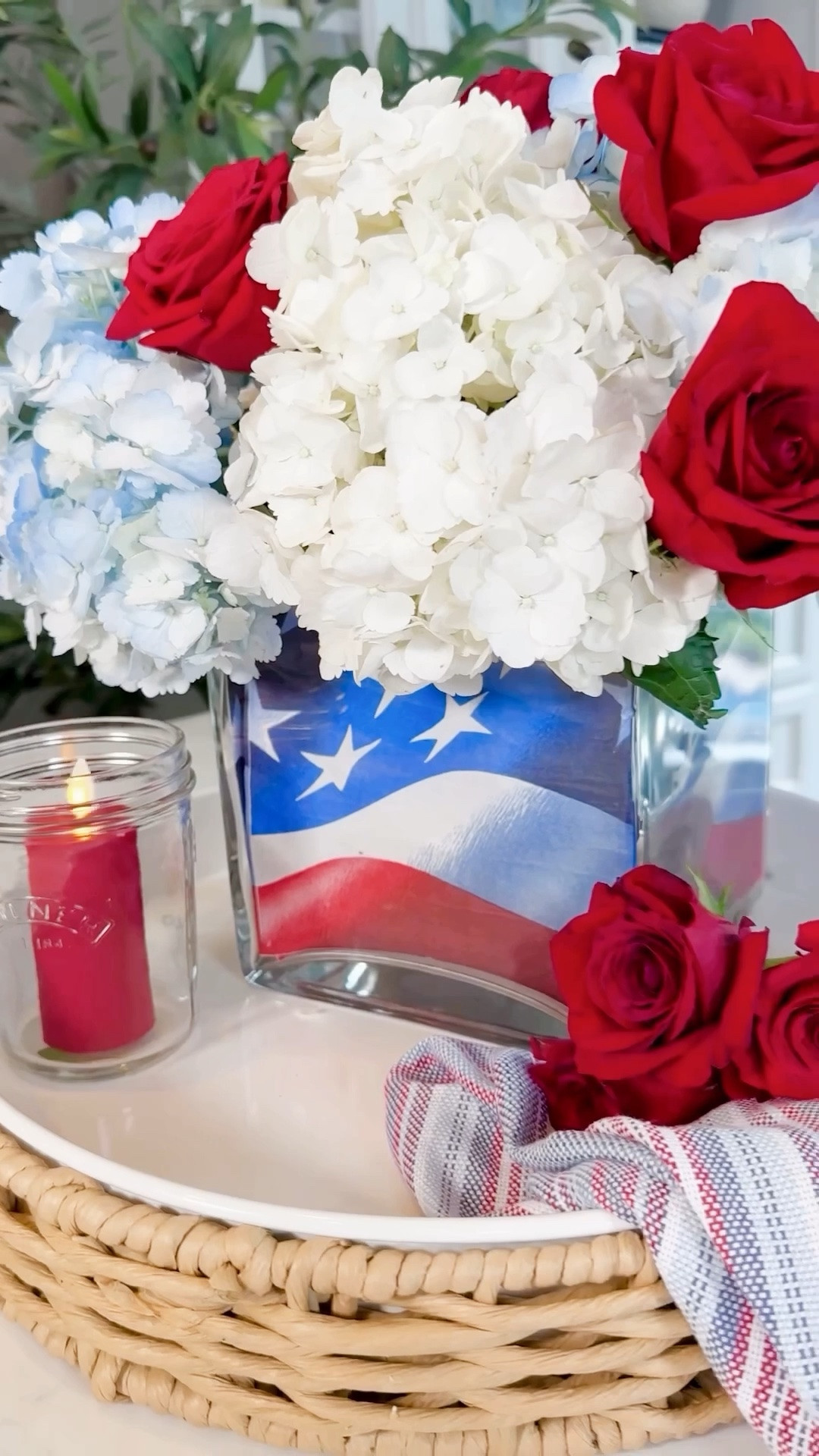 Easy Patriotic Centerpiece 🇺🇸
A festive napkin, fresh flowers, and a simple vase trick are all you need to create a designer-looking centerpiece for patriotic season.

Everything linked in my LTK

#LTKSeasonal #LTKHome #LTKgrwm
