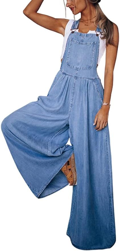chouyatou Women's Loose Adjustable Strap Wide Leg Denim Bib Overall Jeans Pants | Amazon (US)
