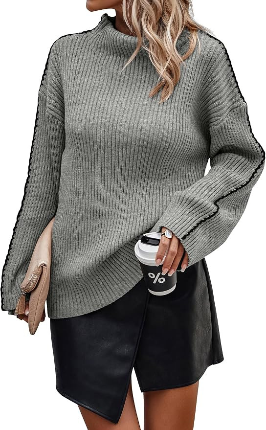 KIRUNDO Women's 2023 Fall Mock Neck Long Sleeve Ribbed Knit Contrast Stitching Oversized Chunky S... | Amazon (US)