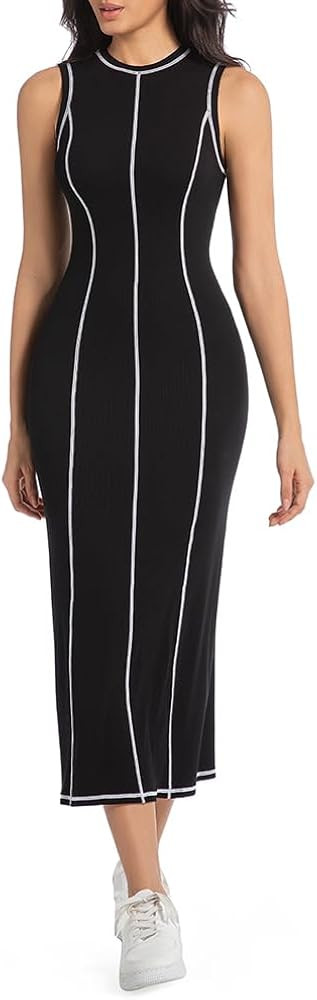 O Neck Sleeveless Patchwork Color Knitted Striped A-Line Elegant Ribbed Midi Dress Women Pencil D... | Amazon (US)