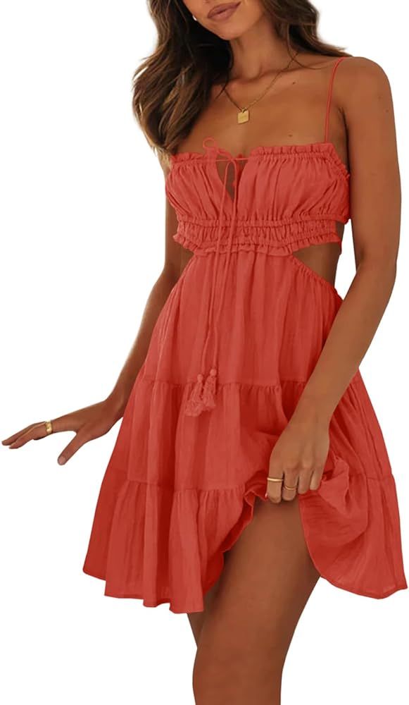 Wenrine Womens Summer Beach Mini Dress Adjustable Spaghetti Straps Sexy Backless Tiered Sleeveles... | Amazon (US)