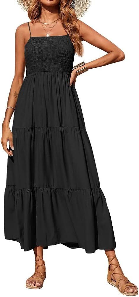 Odsufo Summer Maxi Dress for Women Spaghetti Strap Smocked Waist Dress for Beach Vacation Tiered ... | Amazon (US)
