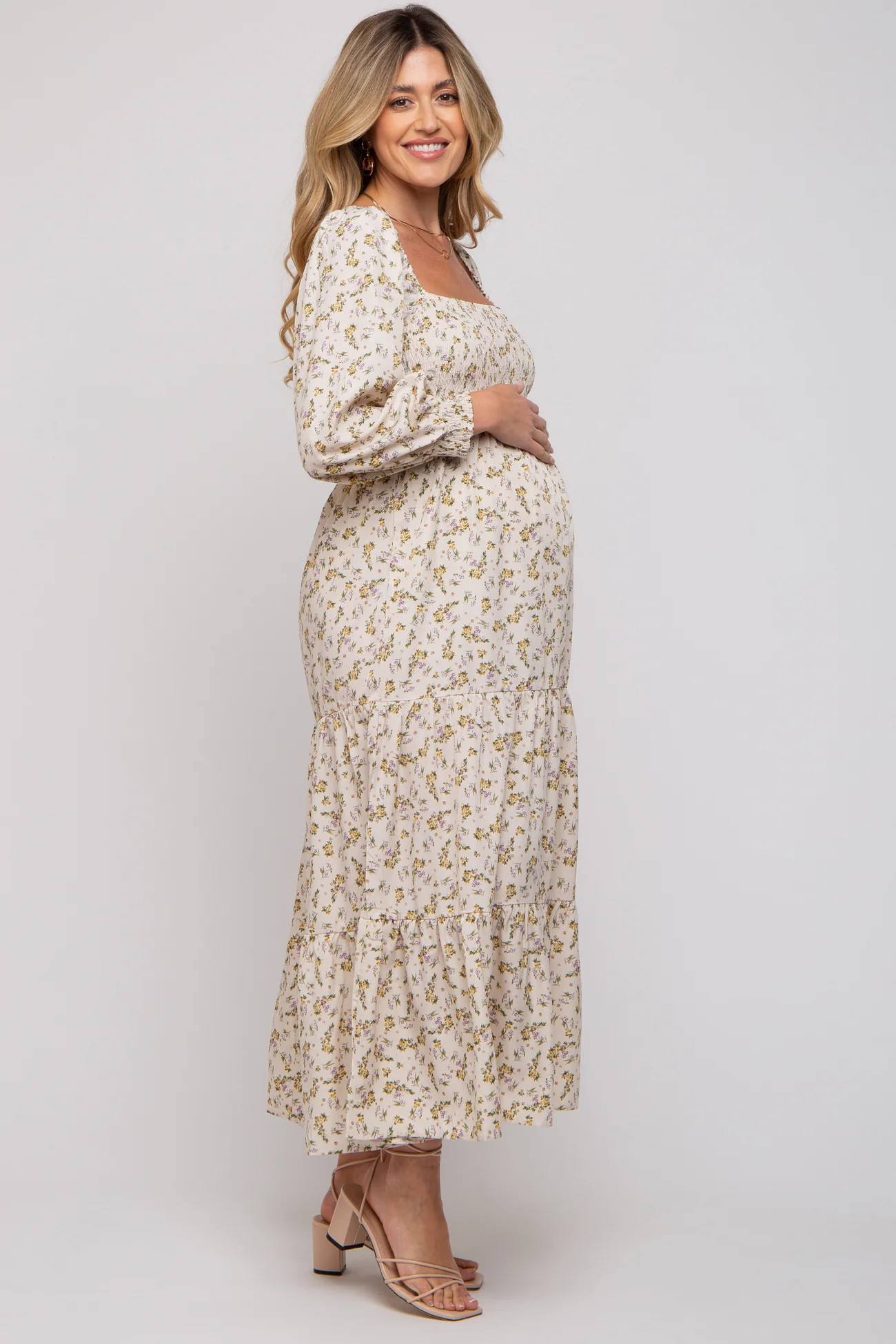 Cream Floral Smocked Long Sleeve Maternity Maxi Dress | PinkBlush Maternity