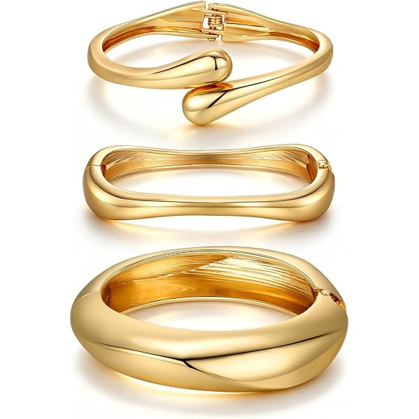 Chunky Gold Bangle Bracelets for Women, Dainty 14k Gold Plated Big Stackable Bangles Set, Trendy ... | Amazon (US)
