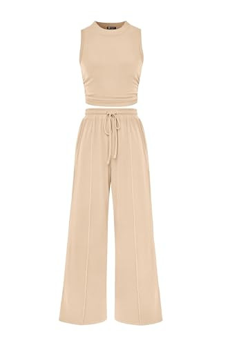 PRETTYGARDEN 2 Piece Sets for Women Summer Casual 2025 Spring Sleeveless Tank Ribbed Travel Vacation Lounge Wear Outfits (Apricot,Large) | Amazon (US)