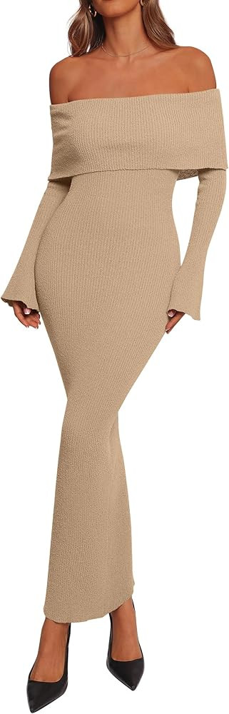 dowerme Women's Off The Shoulder Sweater Dress 2025 Formal Long Sleeve Bodycon Maxi Wedding Guest... | Amazon (US)