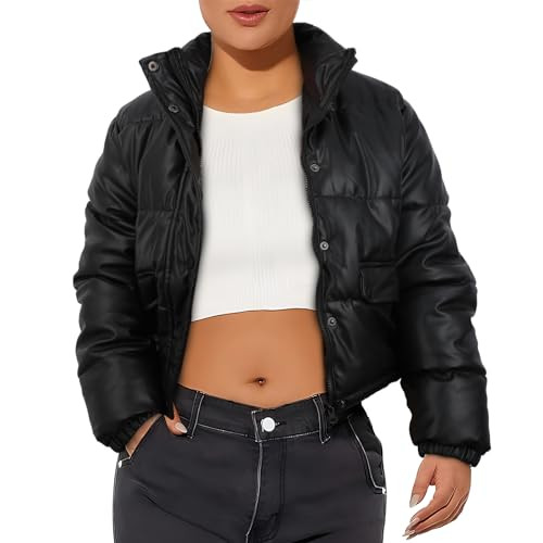 Xsylxgc Womens Faux Leather Cropped Puffer Jacket Winter Long Sleeve Black Short Bubble Coat, Black L | Amazon (US)