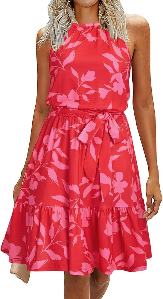 Newshows Womens 2025 Summer Dress Halter Wedding Guest Casual Beach Vacation Outfits Belted Sundr... | Amazon (US)