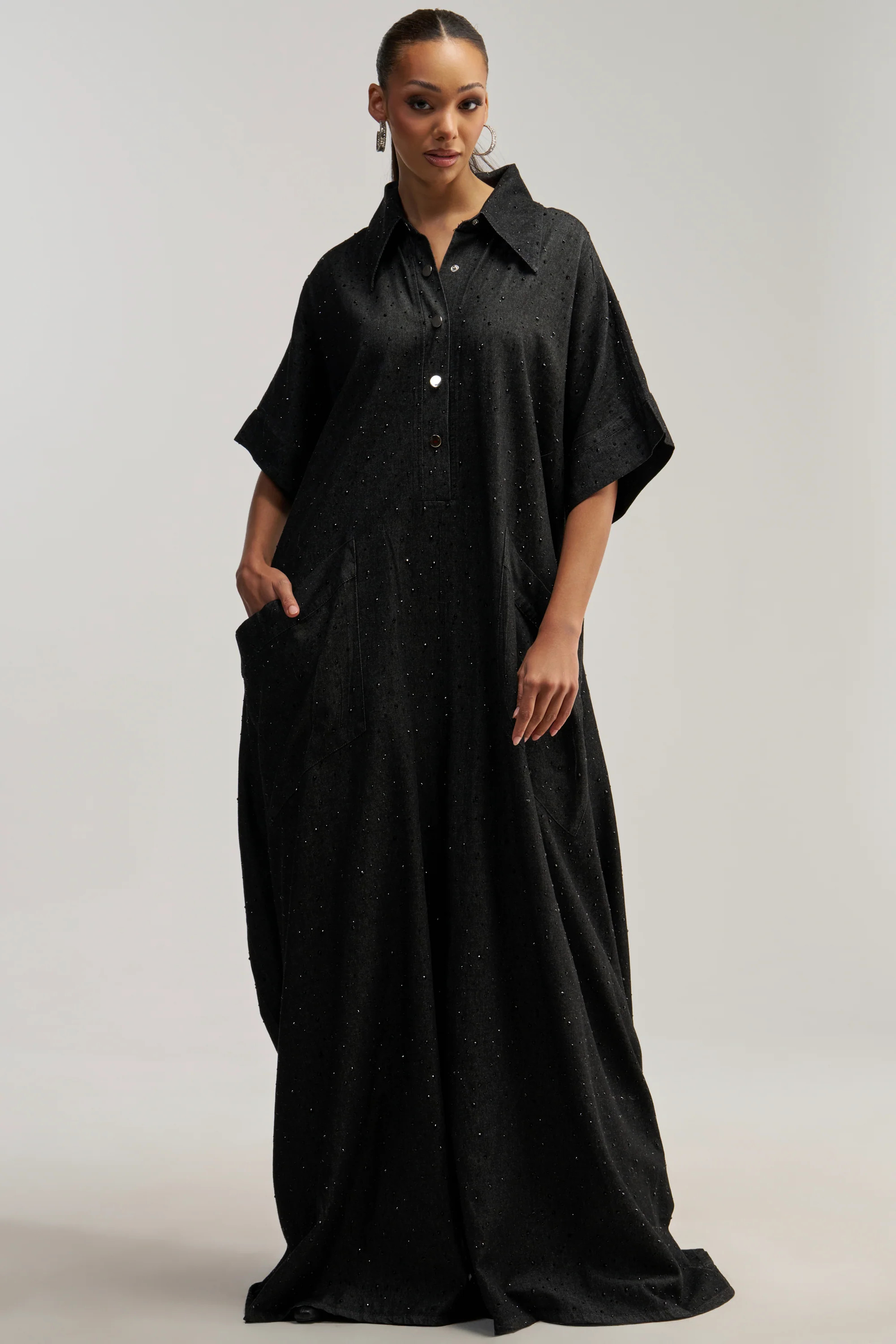 GINA DENIM RHINESTONE JUMPSUIT IN BLACK | AKIRA