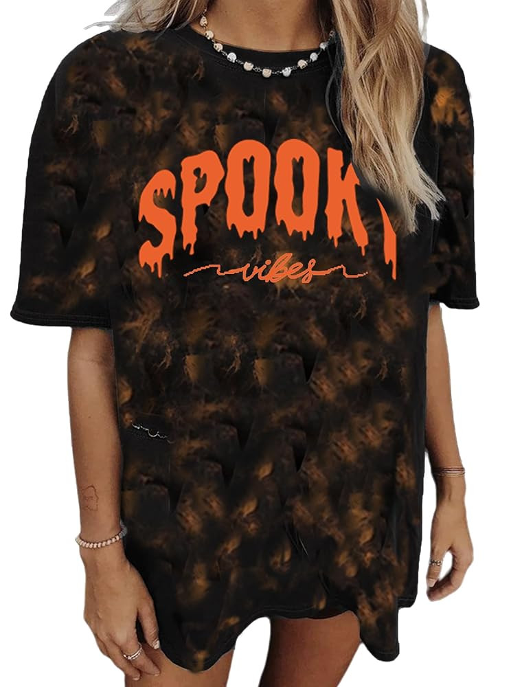 Halloween Shirts for Women Spooky Season Shirt Graphic Letter Print Oversized T Shirt Vintage Sho... | Amazon (US)