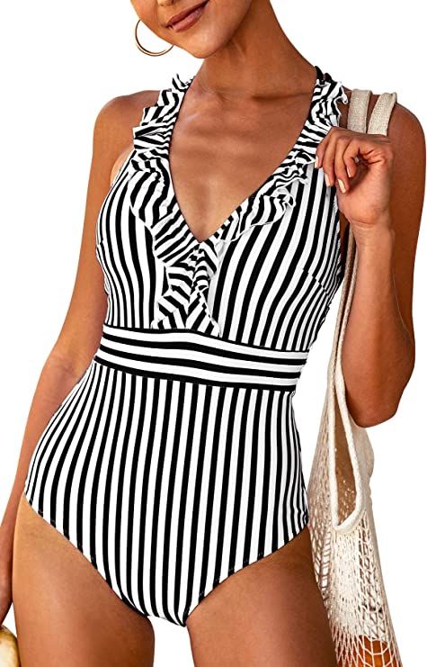 CUPSHE Women's V Neck One Piece Swimsuit Ruffled Back Cross Swimwear | Amazon (US)