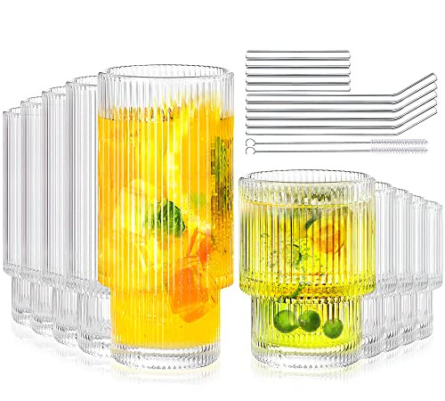 Drinking Glasses Set of 10- 5 Highball Glasses & 5 Small Water Glasses, Ribbed Glassware with Straws and Cleaning Brush, Vintage Glassware Sets for Tea, Iced Coffee, Whiskey, Cocktail, Cute Gifts | Amazon (US)