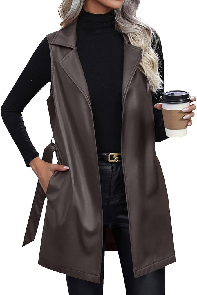 Leather Jacket Women Sleeveless Long Pu Vest Jacket Lapel Open Front Leather Coats Fall Winter Ja... | Amazon (US)