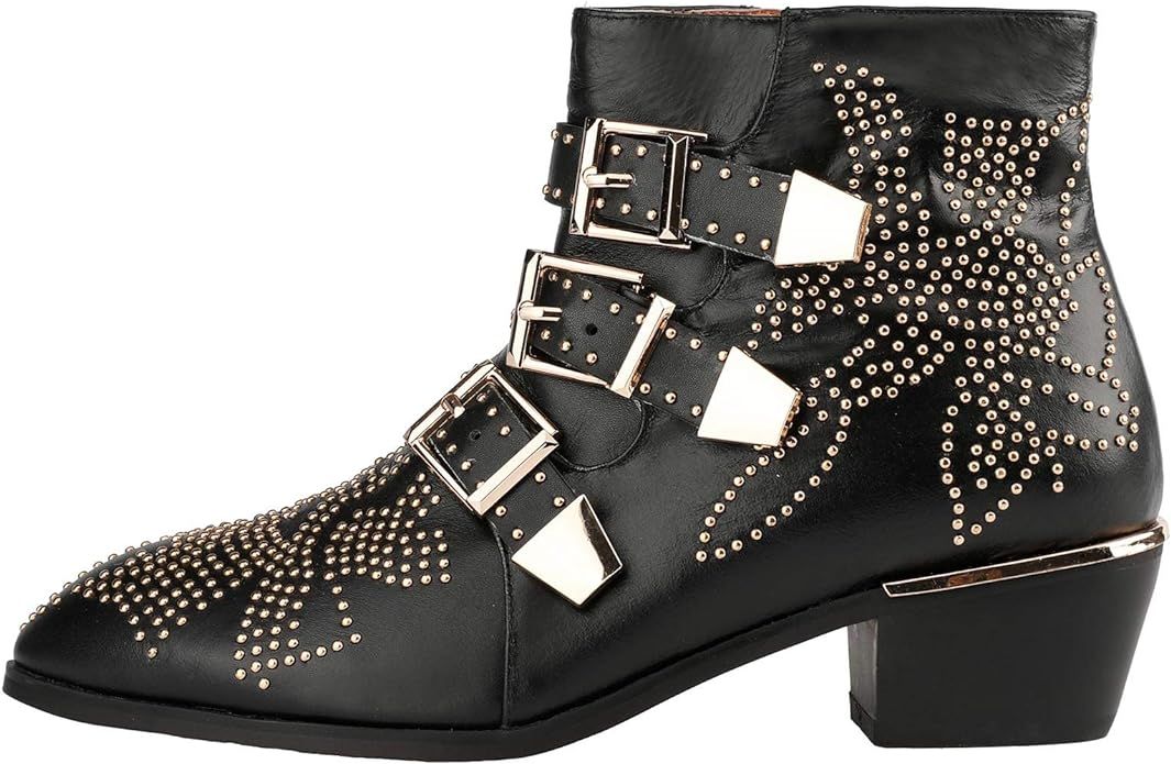 Arqa Studded Ankle Boots Women's Block Heel Leather Boot with Multiple Buckle Almond Toe Zip Dres... | Amazon (US)