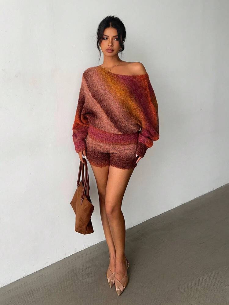 Aloruh Women's Fall Clothes Autumn Sweater Two Piece Set Grunge Clothes Back To School Winter Dresses For Women Y2K Daily Fashion Simple Commuting Elegant Basic Retro Style Orange Tie-Dye Tie Dye Color Matching Suitable For Autumn Asymmetrical Shoulder Sweater + Knitted Mini Shorts | SHEIN