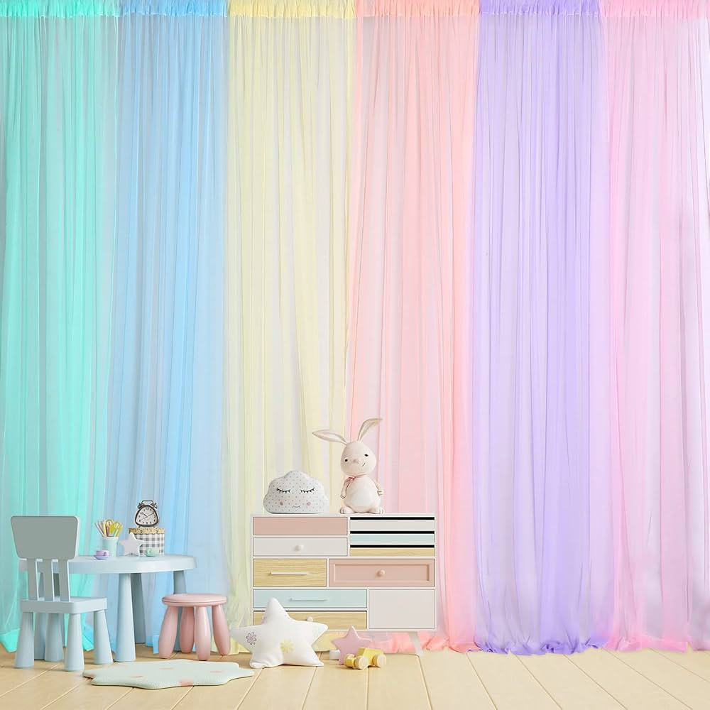 2 Panels Rainbow Backdrop Curtains Tulle Party Backdrop Curtains 6 Colors Sheer Panels Curtains f... | Amazon (US)