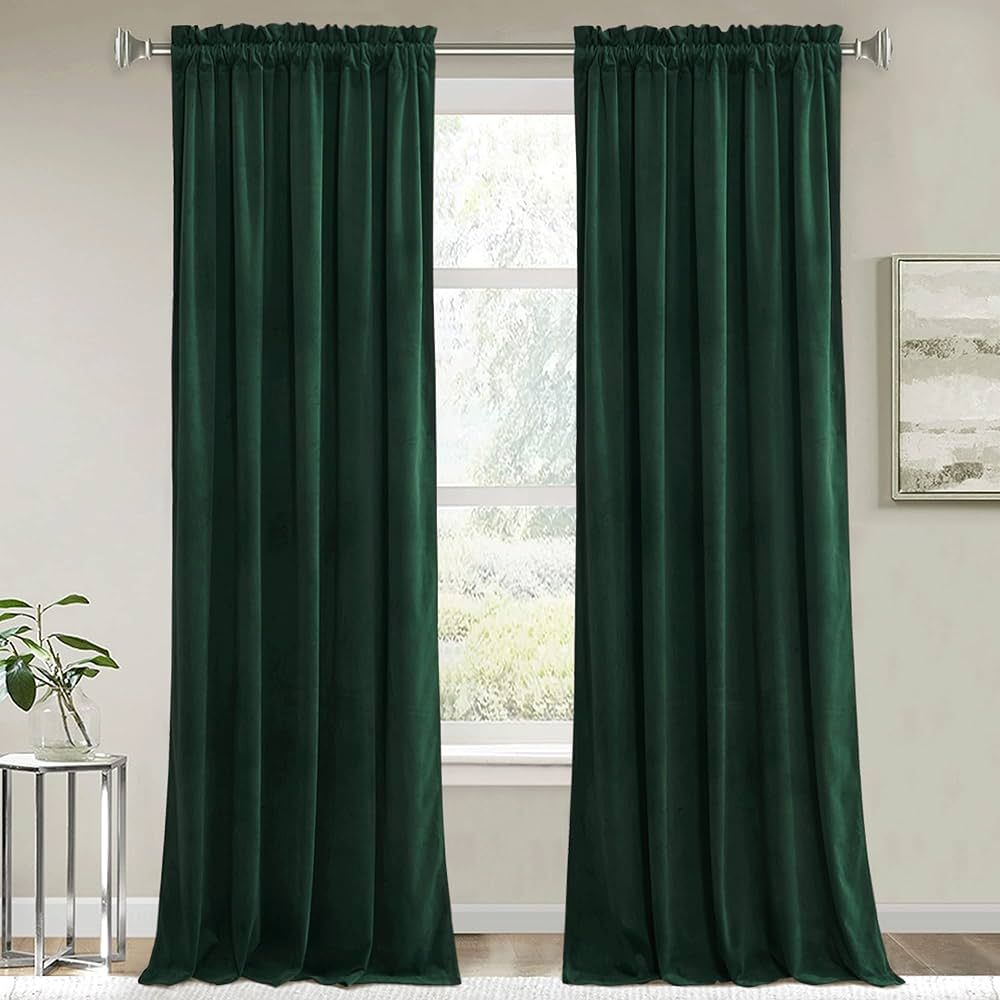 RYB HOME Green Velvet Curtains & Drapes - Half Blackout Soft Window Curtains Thermal Insulating f... | Amazon (US)
