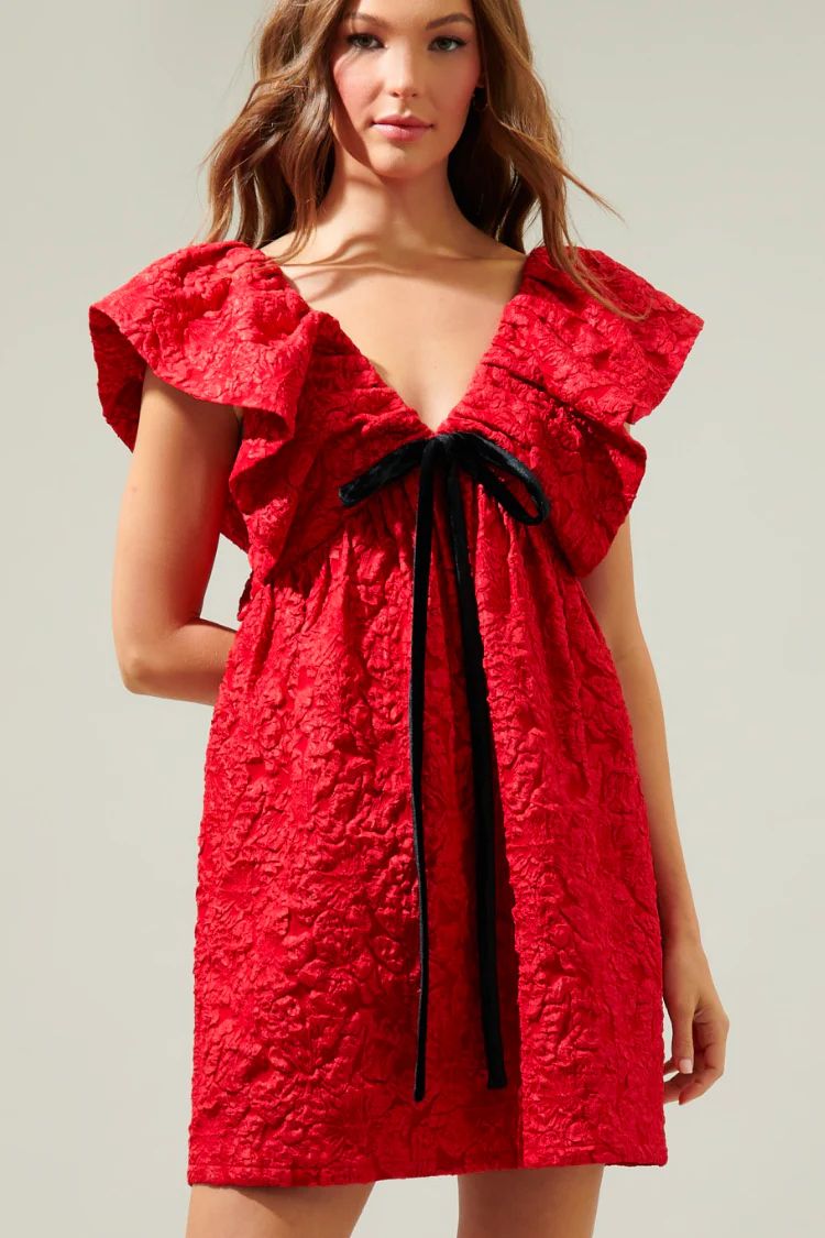 Arielle Red Jacquard Babydoll Mini Dress | Confête