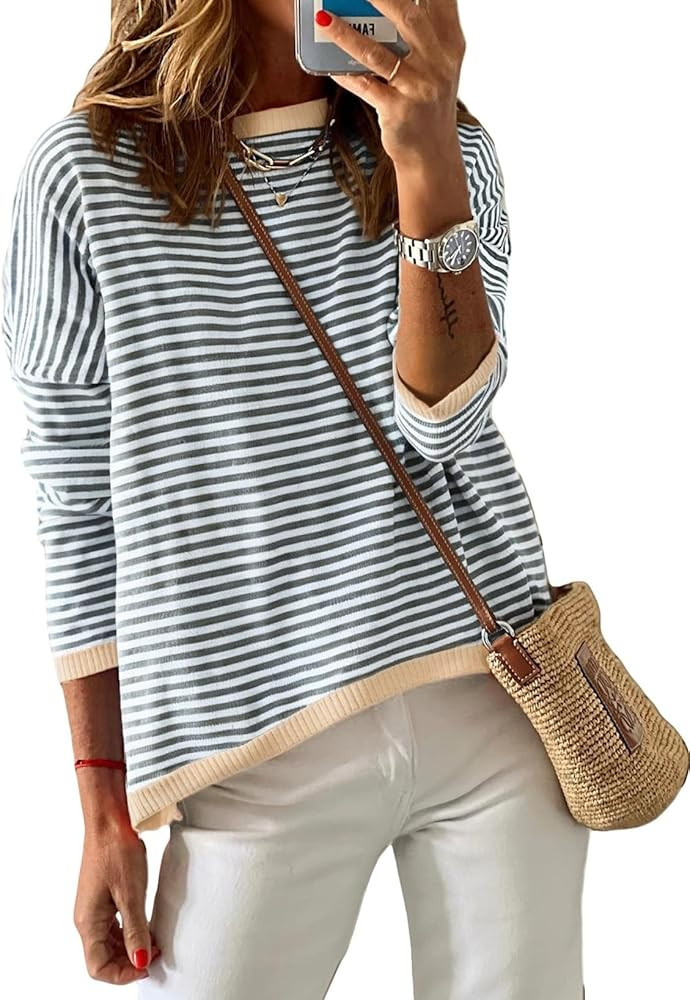Dokotoo Women's Long Sleeve Sweaters Casual Crewneck Fashion Spring Striped Color Block Shirts Hi... | Amazon (US)