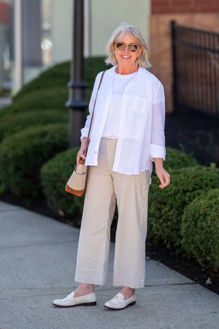 I predict that this white button up shirt from Frank and Eileen will be my most worn shirt of the summer! ✨

I’m wearing my normal size 10 in these Wexford wide leg pants. They are a little roomy but that’s how I prefer my clothes to fit.  

#LTKstyletip #LTKover40 #LTKmidsize