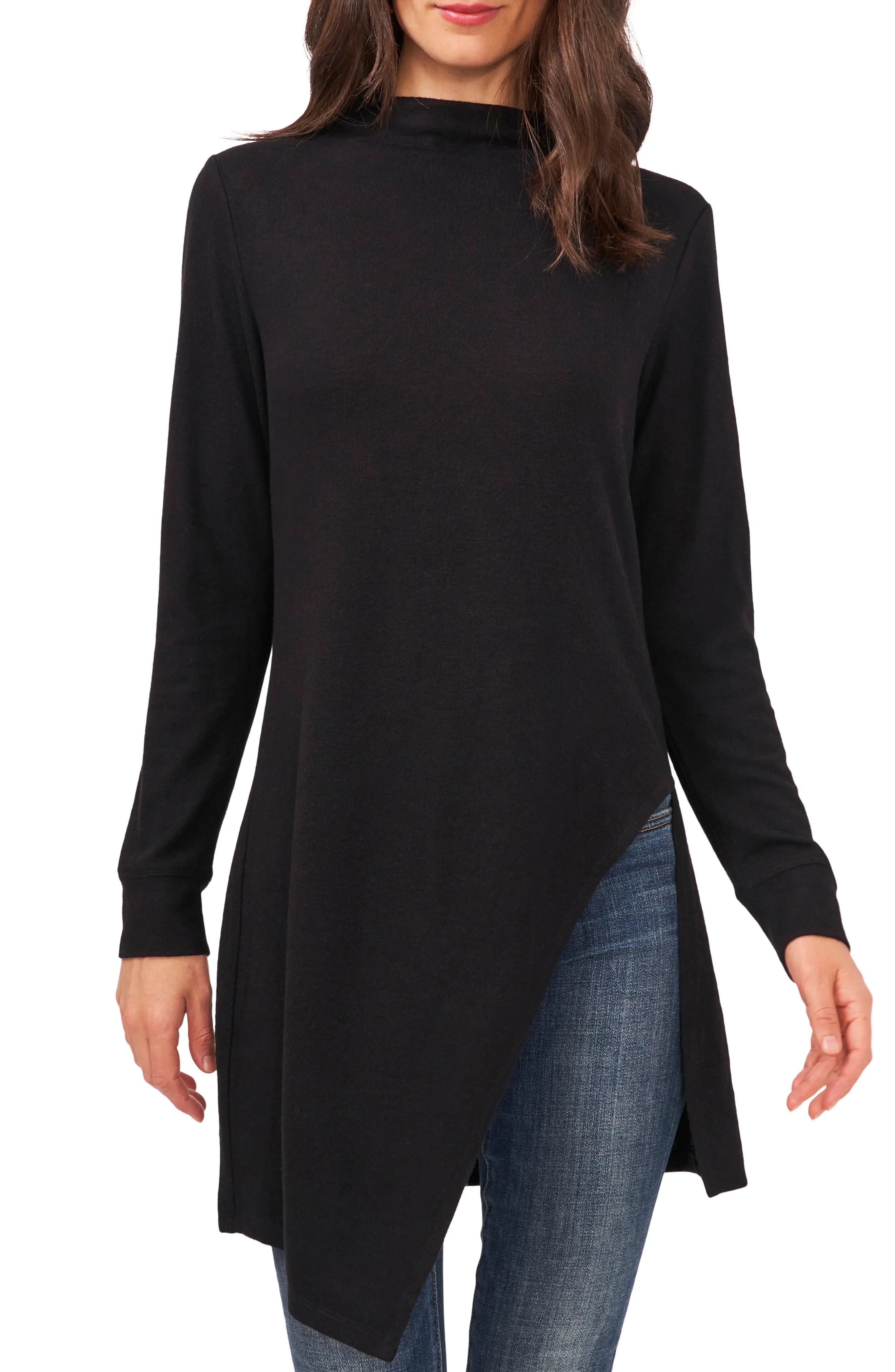 Vince Camuto Asymmetric Long Sleeve Tunic Top, Size Small in Rich Black at Nordstrom | Nordstrom