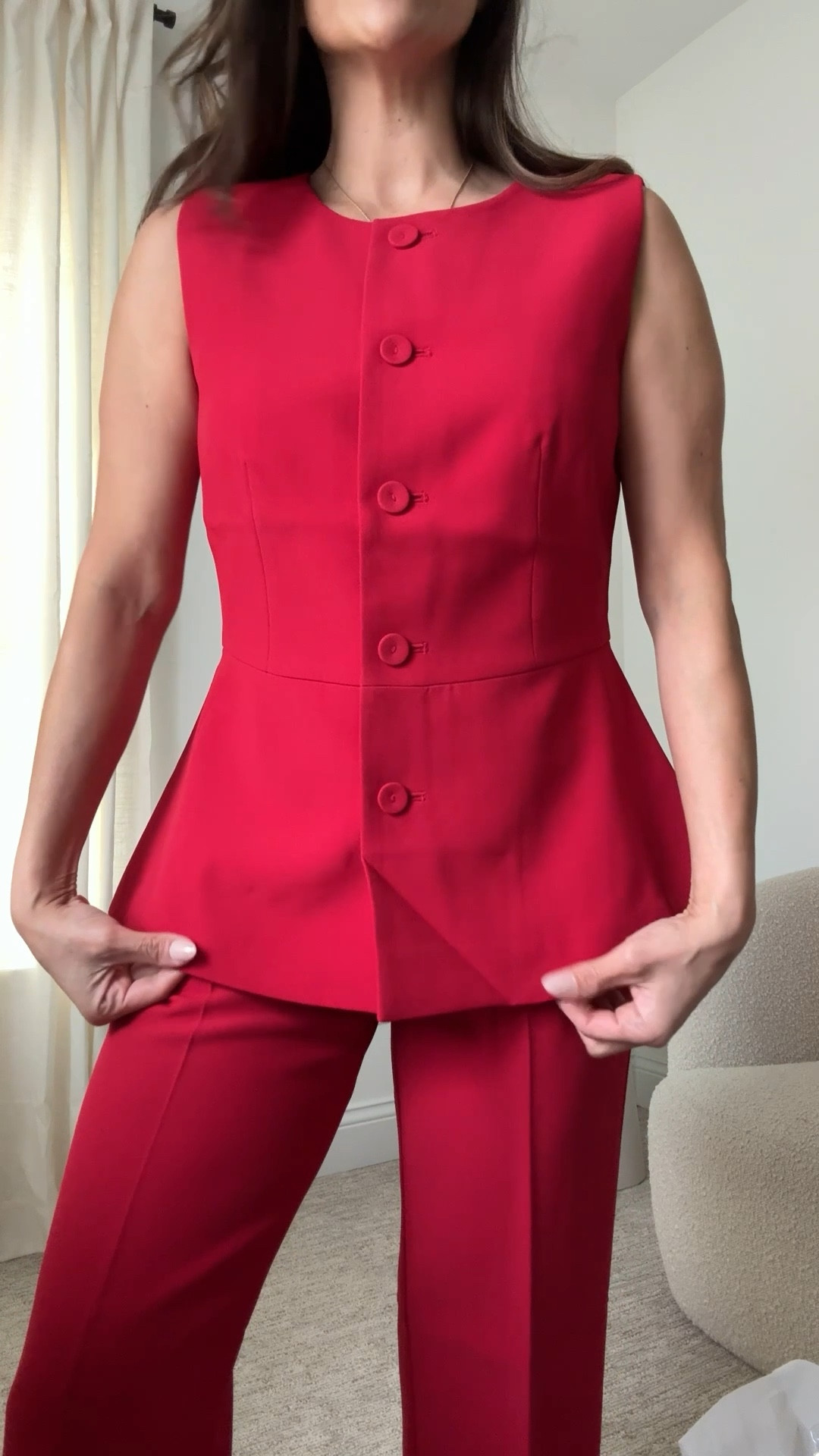 Wearing size 2 regular length in pants, they are really long on me. Would probably reorder in petite. Size 2 in vest. Size 2 in blazer. All run true to size  

#LTKgrwm