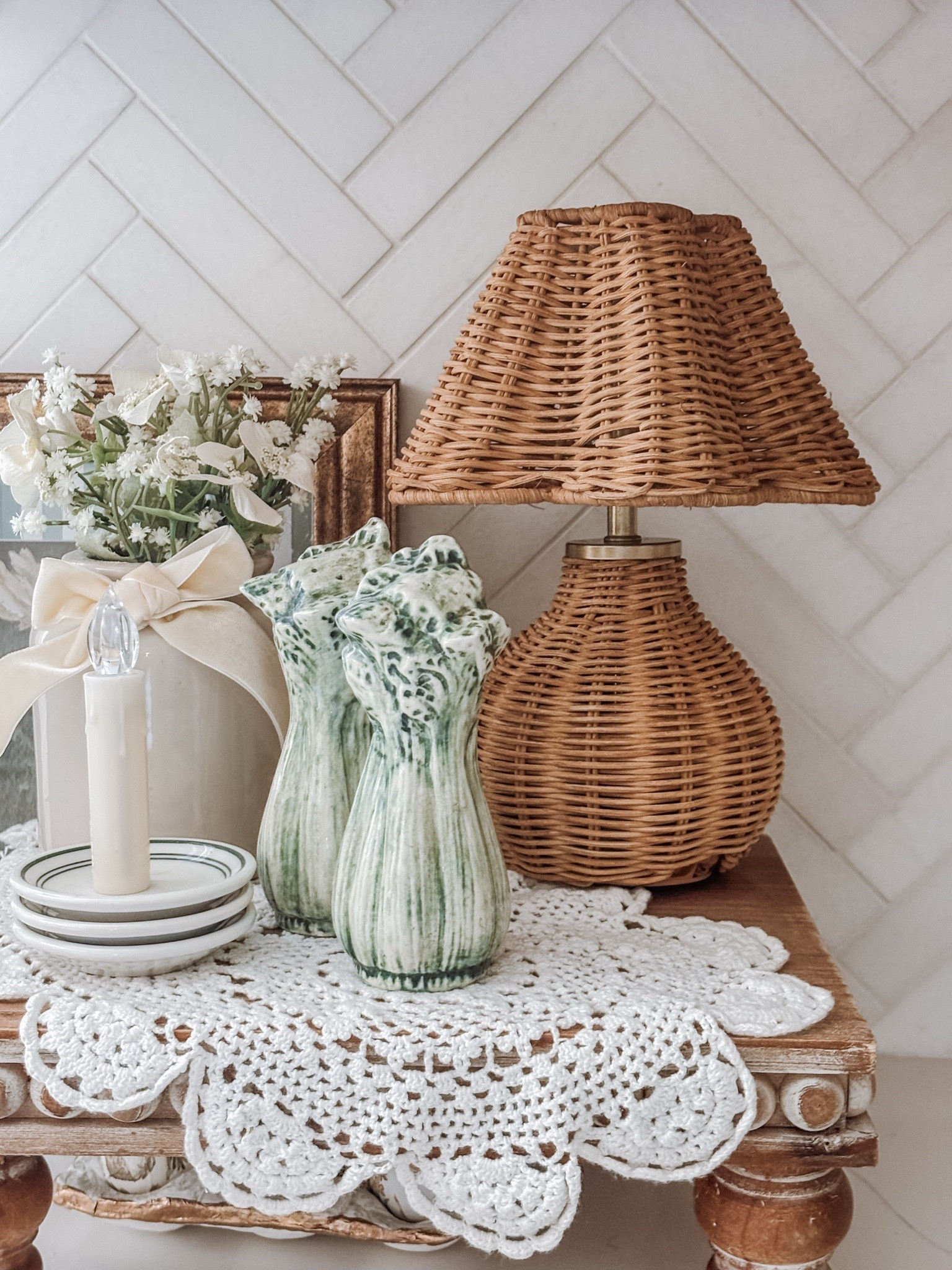 A little cozy kitchen corner that proves the smallest details make the biggest impact ✨ 

wicker textures, vintage-inspired ceramics, and soft layers for that collected cottage feel 🤍🌿 

#LTKHome #CozyKitchen #VintageStyle #CottageDecor #CollectedHome