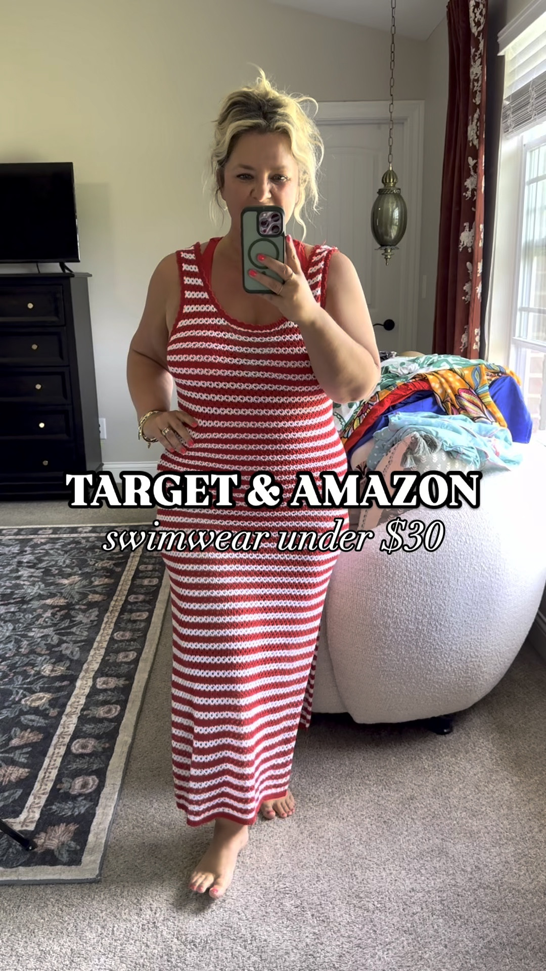 Think 4th of July pool party! This open knit coverup is perfect over the red one piece bathing suit! It has great support up top for a larger chest & full coverage on the back side! I’m in a L cover up & XL bathing suit  

#LTKMidsize #LTKSwim #LTKSummerEdit
