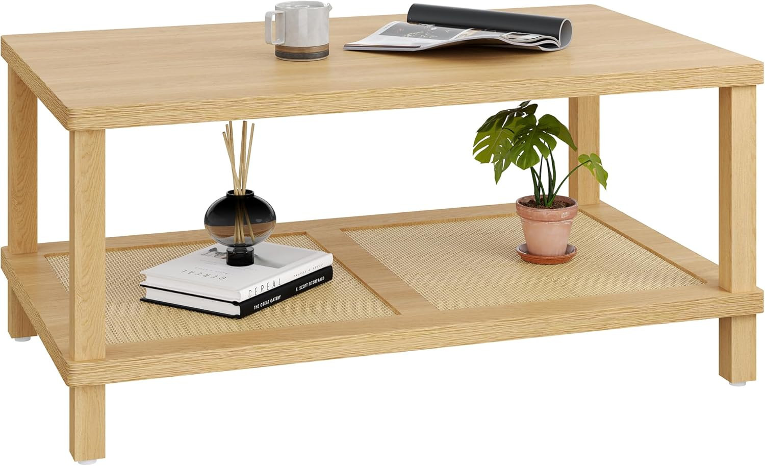 Rattan Coffee Table for Living Room,2-Tier Wooden Center Table with Hand Made Rattan Decorated,39... | Amazon (US)