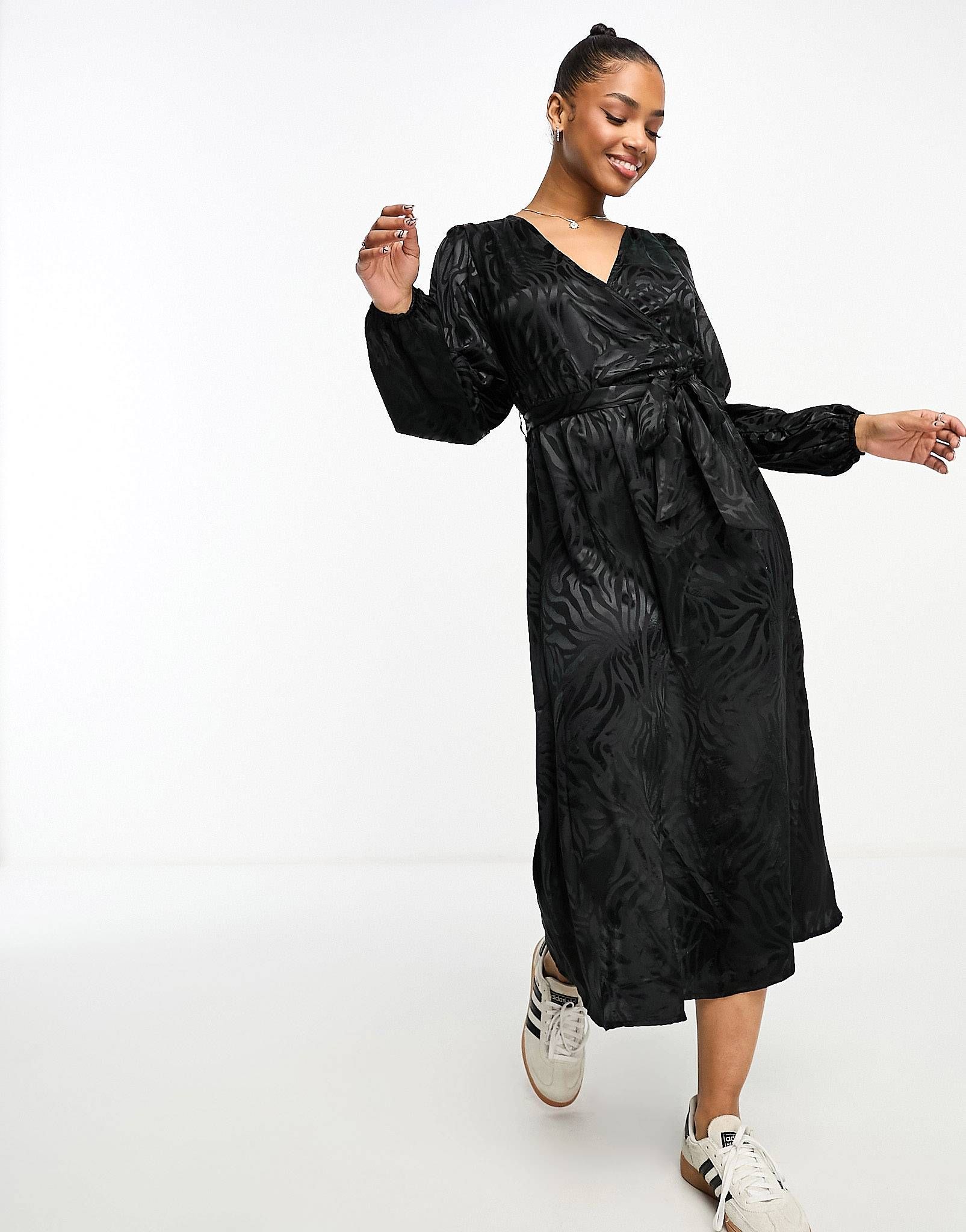 JDY puff sleeve wrap jacquard midi dress in black zebra | ASOS (Global)