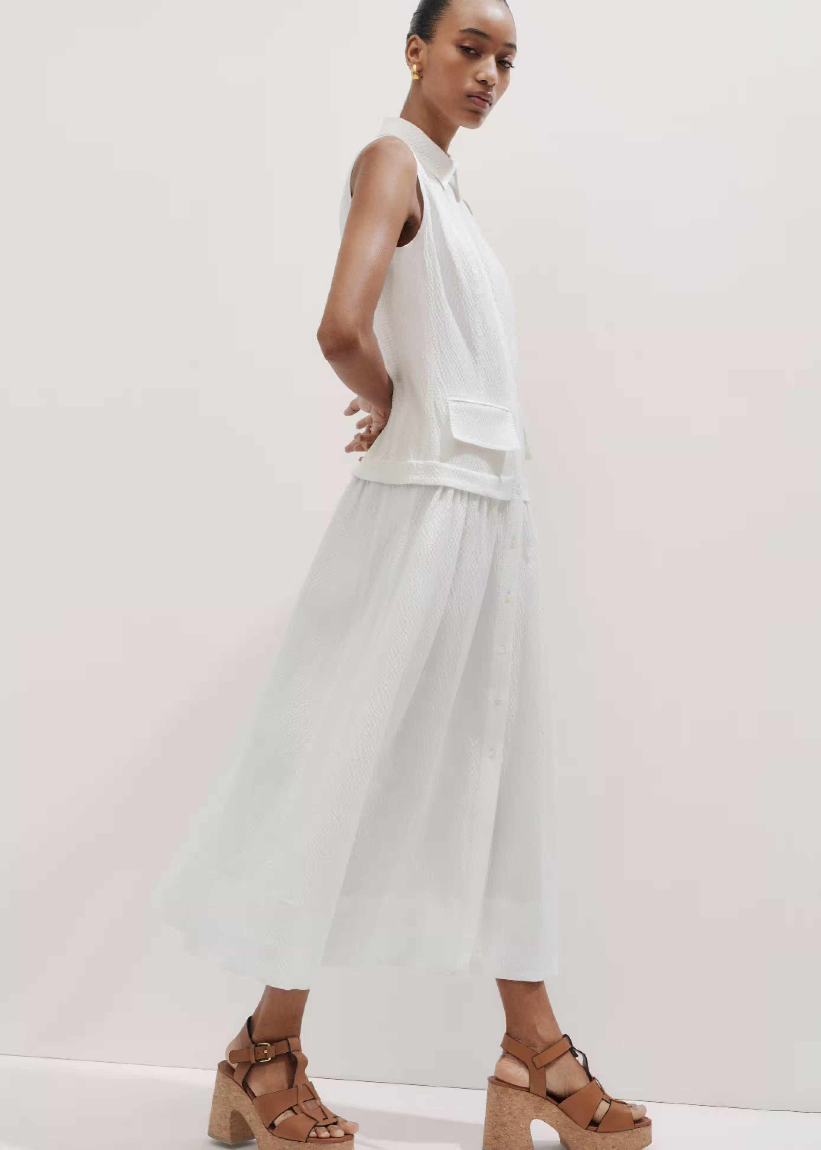Women's White Seersucker Maxi Dress + Belt | ME+EM | ME+EM Global (Excluding US)