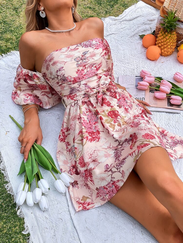 Floral Print Off Shoulder Belted Dress | SHEIN